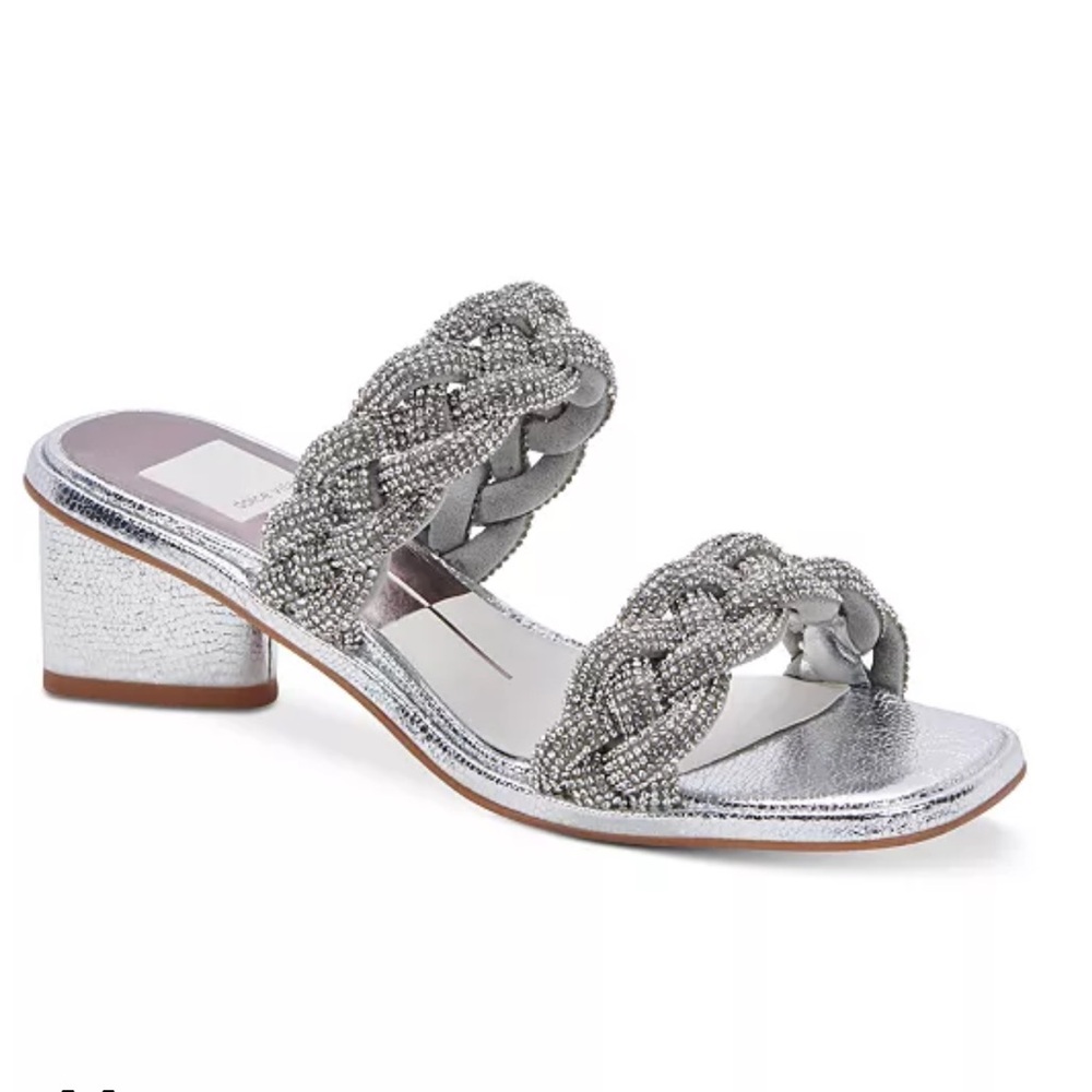 Ronin Rhinestone Braided Block-Heel Sandals Silver Size 9.5